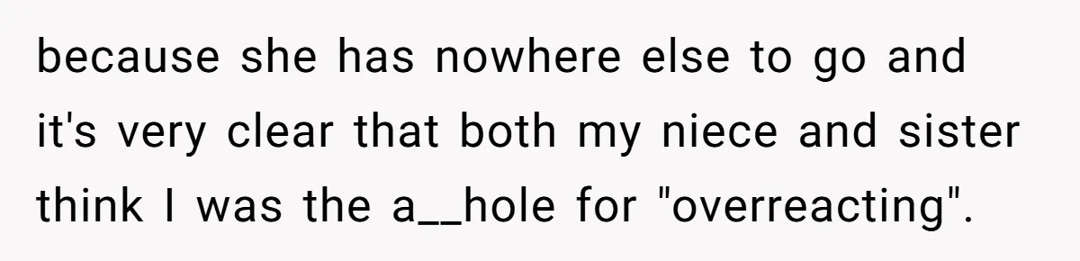 because she has nowhere else to go and it's very clear that both my niece and sister think I was the a__hole for "overreacting".