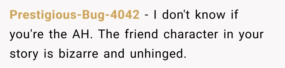 Prestigious-Bug-4042 − I don't know if you're the AH. The friend character in your story is bizarre and unhinged.