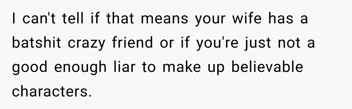 I can't tell if that means your wife has a batshit crazy friend or if you're just not a good enough liar to make up believable characters.