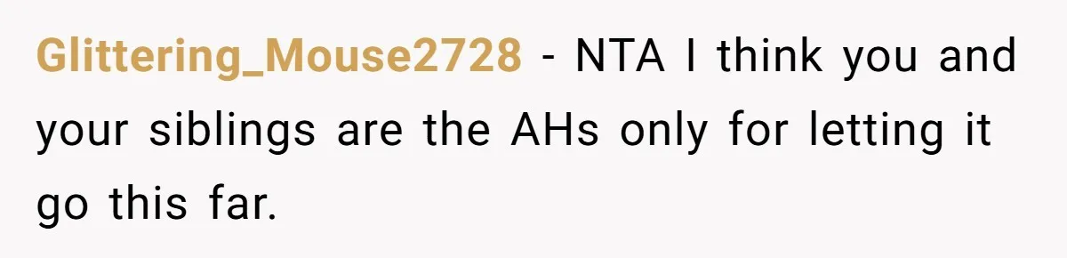 Glittering_Mouse2728 − NTA I think you and your siblings are the AHs only for letting it go this far.