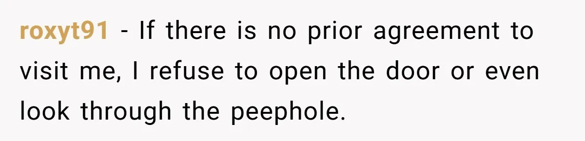 roxyt91 − If there is no prior agreement to visit me, I refuse to open the door or even look through the peephole.