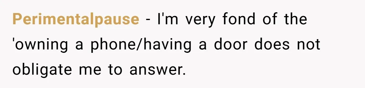 Perimentalpause − I'm very fond of the 'owning a phone/having a door does not obligate me to answer.