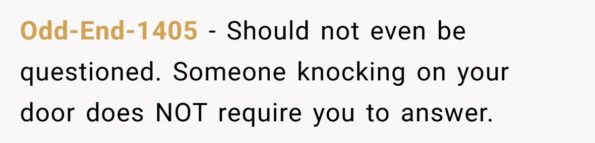 Odd-End-1405 − Should not even be questioned. Someone knocking on your door does NOT require you to answer.