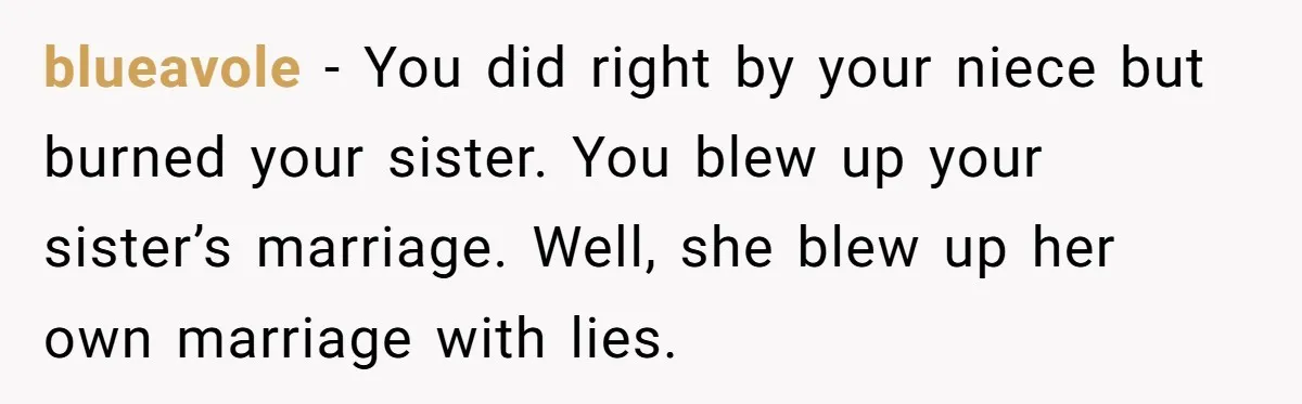 blueavole − You did right by your niece but burned your sister. You blew up your sister’s marriage. Well, she blew up her own marriage with lies.