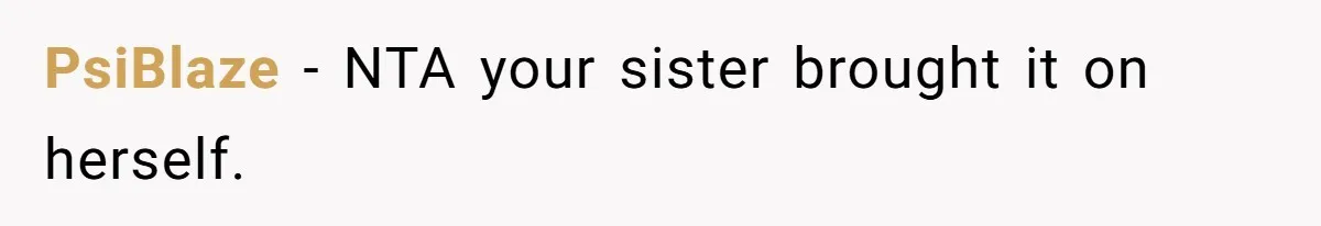 PsiBlaze − NTA your sister brought it on herself.