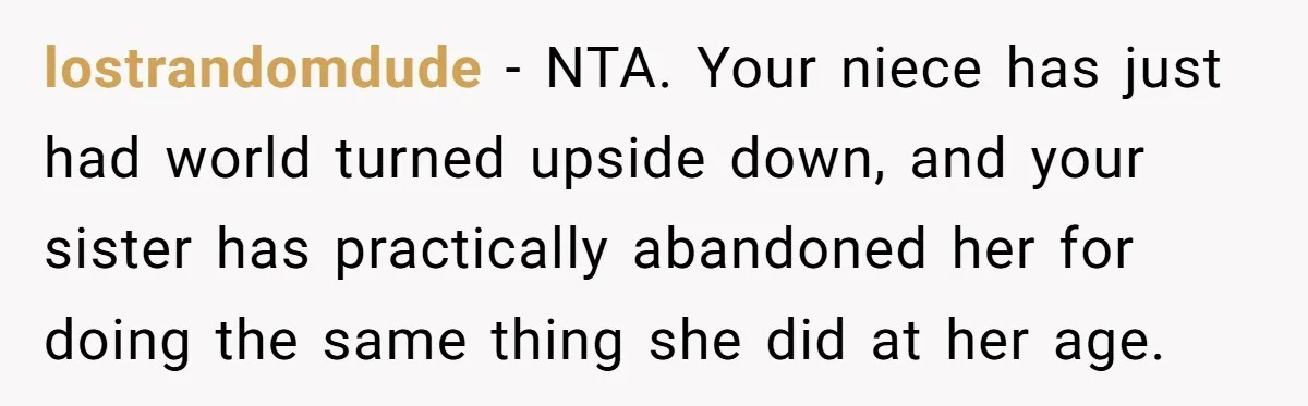 lostrandomdude − NTA. Your niece has just had world turned upside down, and your sister has practically abandoned her for doing the same thing she did at her age.