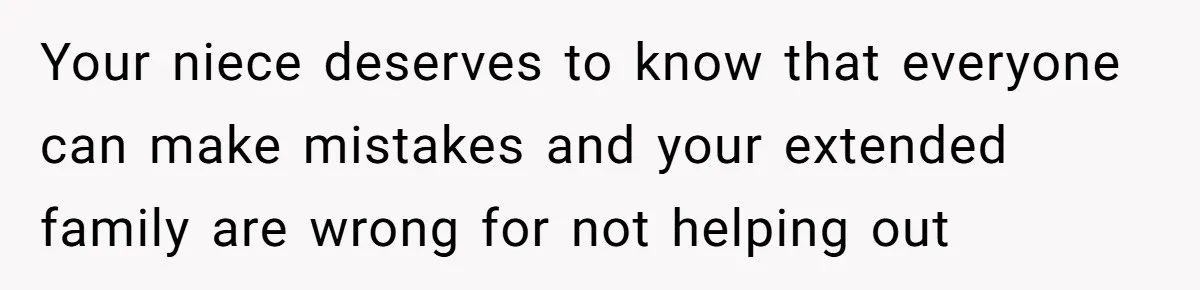 Your niece deserves to know that everyone can make mistakes and your extended family are wrong for not helping out