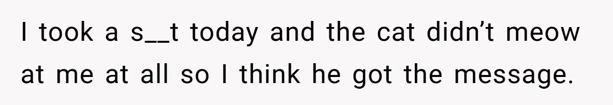 I took a s__t today and the cat didn’t meow at me at all so I think he got the message.