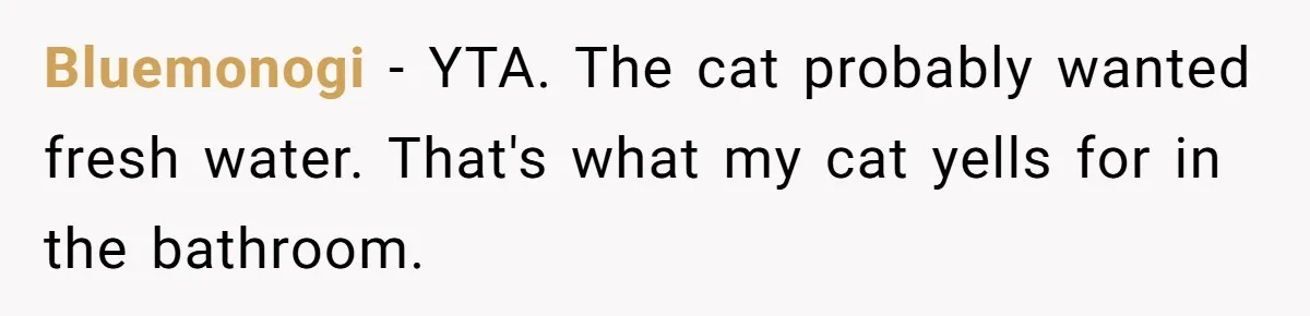 Bluemonogi − YTA. The cat probably wanted fresh water. That's what my cat yells for in the bathroom.