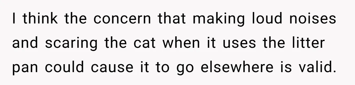 I think the concern that making loud noises and scaring the cat when it uses the litter pan could cause it to go elsewhere is valid.