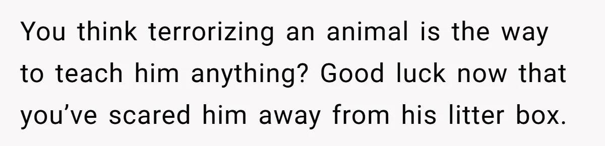 You think terrorizing an animal is the way to teach him anything? Good luck now that you’ve scared him away from his litter box.