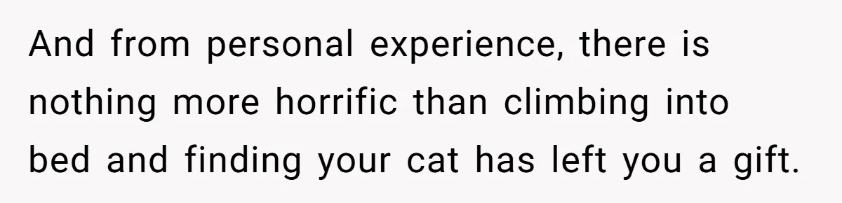 And from personal experience, there is nothing more horrific than climbing into bed and finding your cat has left you a gift.