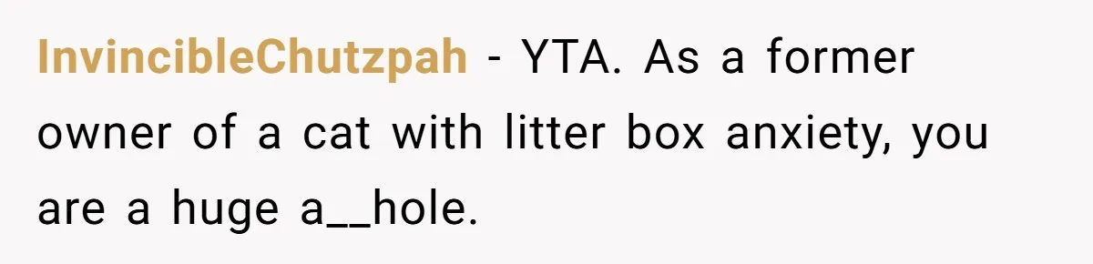 InvincibleChutzpah − YTA. As a former owner of a cat with litter box anxiety, you are a huge a__hole.