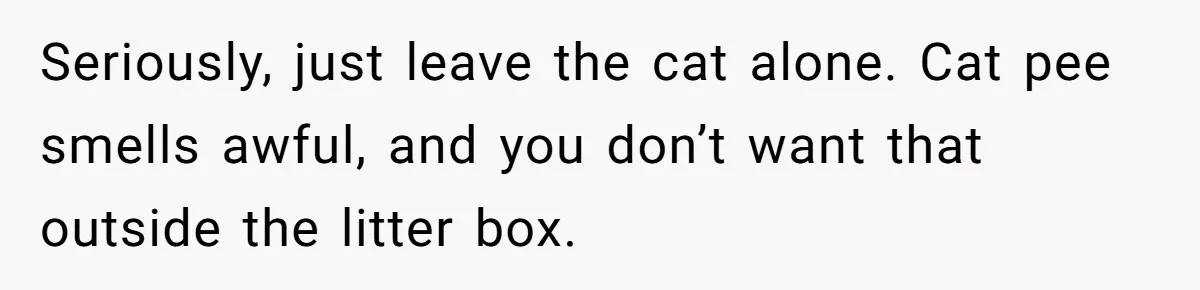 Seriously, just leave the cat alone. Cat pee smells awful, and you don’t want that outside the litter box.