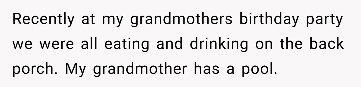 Recently at my grandmothers birthday party we were all eating and drinking on the back porch. My grandmother has a pool.