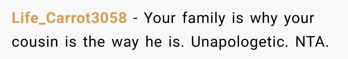 Life_Carrot3058 − Your family is why your cousin is the way he is. Unapologetic. NTA.