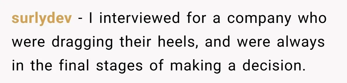 surlydev − I interviewed for a company who were dragging their heels, and were always in the final stages of making a decision.