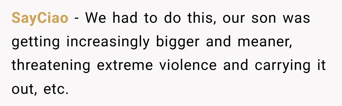 Girl Finally Snaps After Parents Defend Dangerous Sister And Tells Them She Doesn’t Care If Sister Dies SayCiao − We had to do this, our son was getting increasingly bigger and meaner, threatening extreme violence and carrying it out, etc.