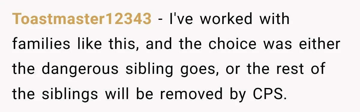 Girl Finally Snaps After Parents Defend Dangerous Sister And Tells Them She Doesn’t Care If Sister Dies Toastmaster12343 − I've worked with families like this, and the choice was either the dangerous sibling goes, or the rest of the siblings will be removed by CPS.
