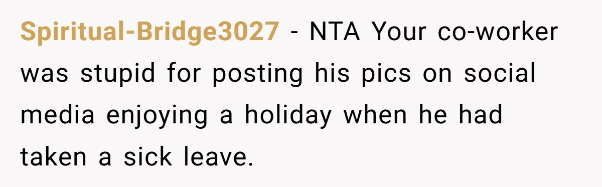 Spiritual-Bridge3027 − NTA Your co-worker was stupid for posting his pics on social media enjoying a holiday when he had taken a sick leave.