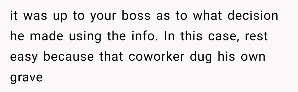 it was up to your boss as to what decision he made using the info. In this case, rest easy because that coworker dug his own grave