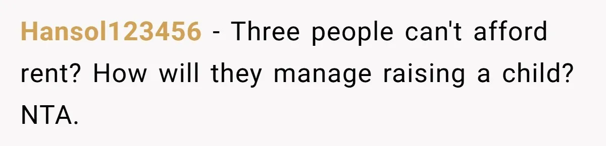 Hansol123456 − Three people can't afford rent? How will they manage raising a child? NTA.