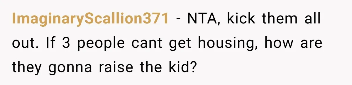ImaginaryScallion371 − NTA, kick them all out. If 3 people cant get housing, how are they gonna raise the kid?