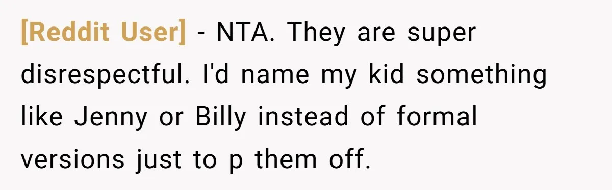 [Reddit User] − NTA. They are super disrespectful. I'd name my kid something like Jenny or Billy instead of formal versions just to p them off.