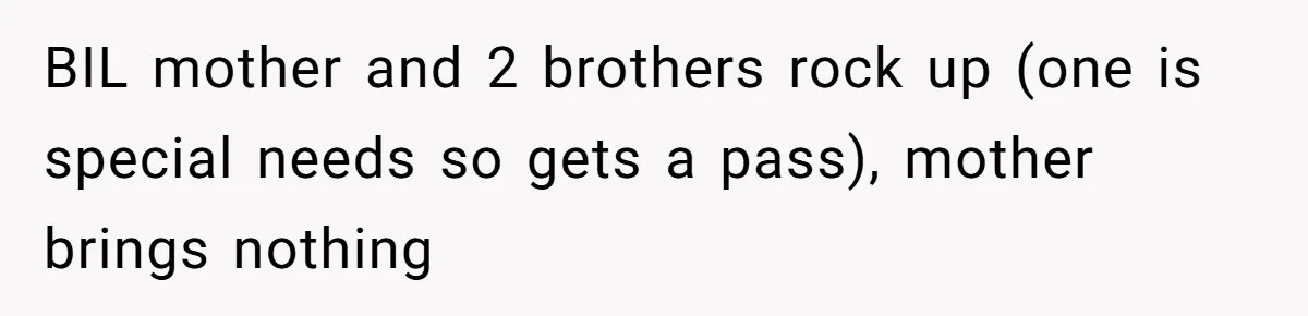 Son-In-Law Serves Mother-In-Law Her ‘Favorite’ Cheap Wine While Everyone Else Sips The Good Stuff BIL mother and 2 brothers rock up (one is special needs so gets a pass), mother brings nothing