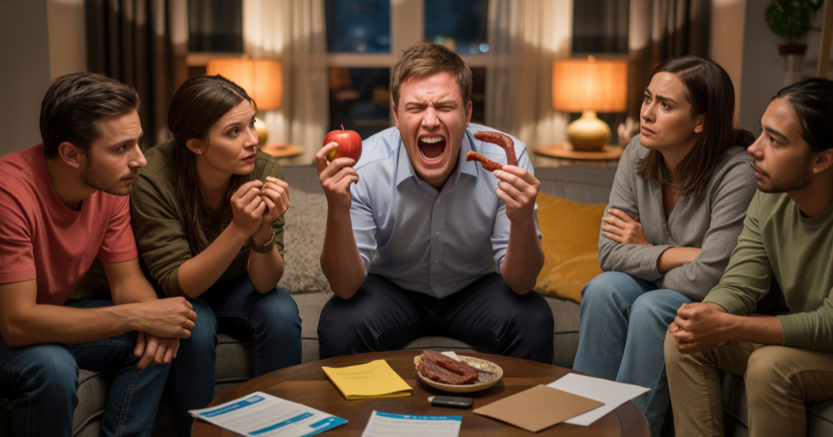 Man Pretends To Eat Only Apples For Weeks, Can’t Believe His Friends Stage An Intervention Man Pretends To Eat Only Apples For Weeks, Can’t Believe His Friends Stage An Intervention