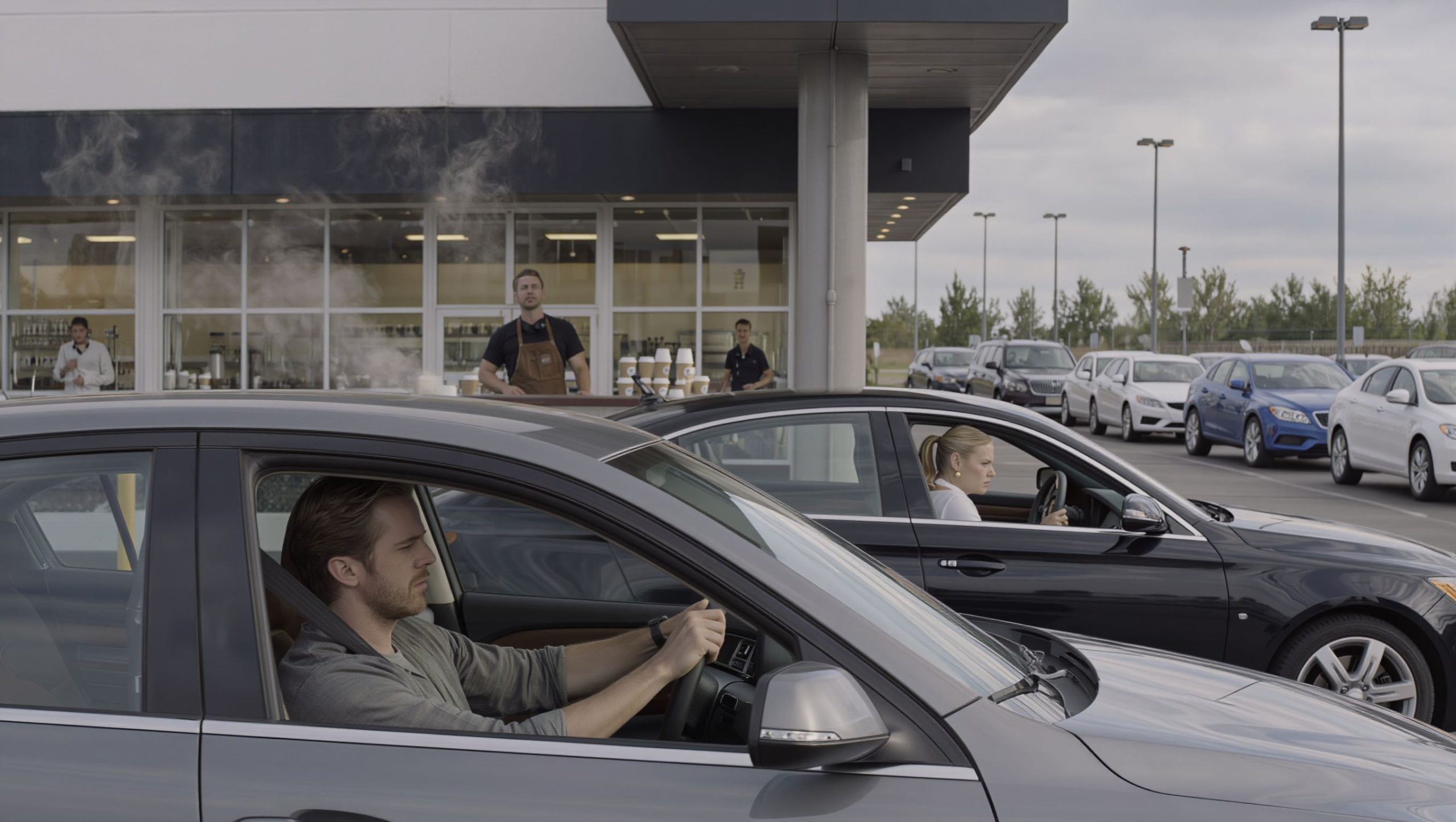 Driver Cuts Into Long Coffee Line, Fellow Buyer Honks Repeatedly To Disrupt Her Order