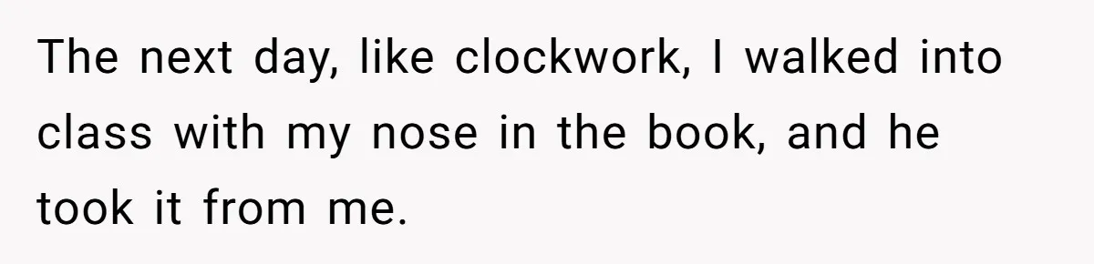 The next day, like clockwork, I walked into class with my nose in the book, and he took it from me.