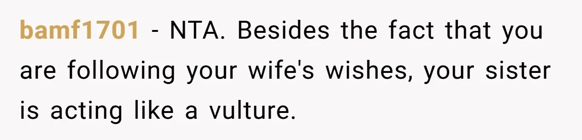 bamf1701 − NTA. Besides the fact that you are following your wife's wishes, your sister is acting like a vulture.