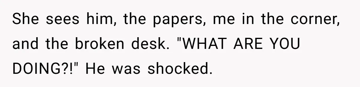 She sees him, the papers, me in the corner, and the broken desk. "WHAT ARE YOU DOING?!" He was shocked.