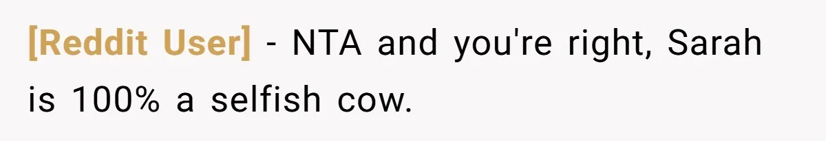 [Reddit User] − NTA and you're right, Sarah is 100% a selfish cow.