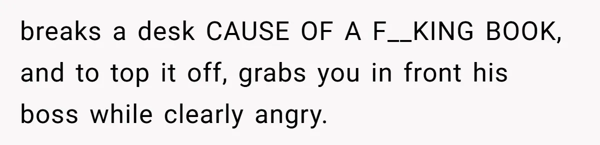 breaks a desk CAUSE OF A F__KING BOOK, and to top it off, grabs you in front his boss while clearly angry.