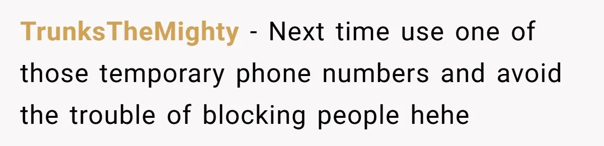 TrunksTheMighty − Next time use one of those temporary phone numbers and avoid the trouble of blocking people hehe