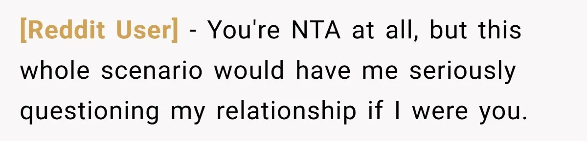 [Reddit User] − You're NTA at all, but this whole scenario would have me seriously questioning my relationship if I were you.