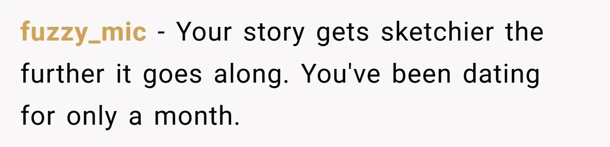 fuzzy_mic − Your story gets sketchier the further it goes along. You've been dating for only a month.