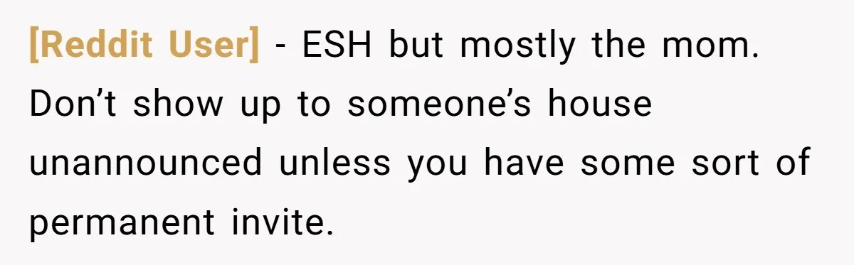 [Reddit User] − ESH but mostly the mom. Don’t show up to someone’s house unannounced unless you have some sort of permanent invite.