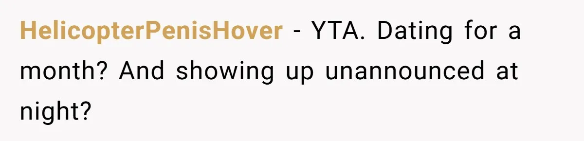 HelicopterPenisHover − YTA. Dating for a month? And showing up unannounced at night?