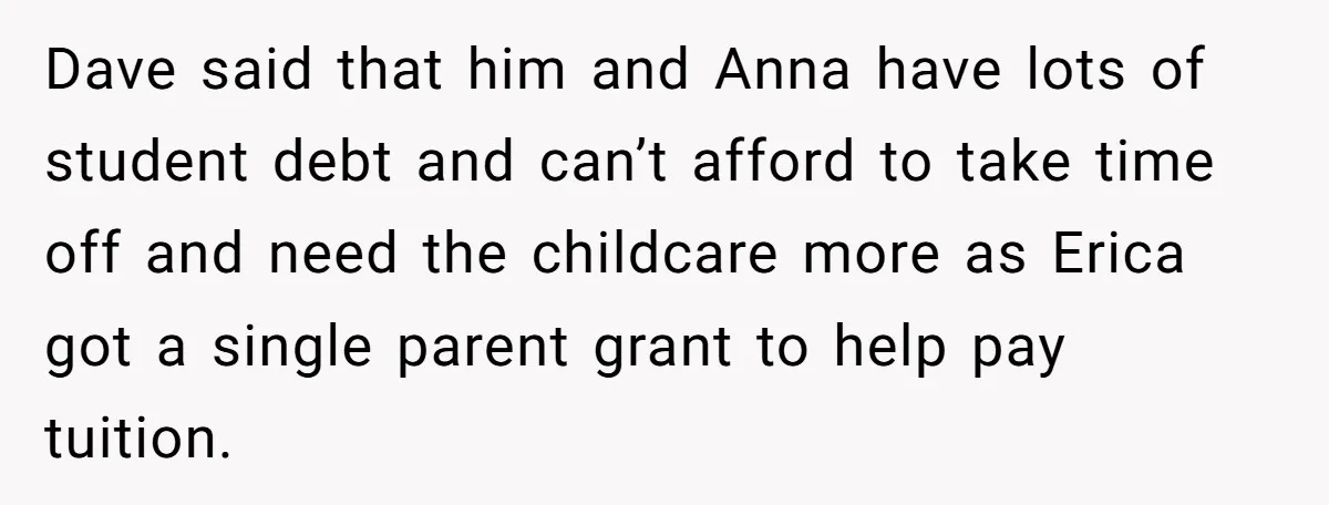 Dave said that him and Anna have lots of student debt and can’t afford to take time off and need the childcare more as Erica got a single parent grant...