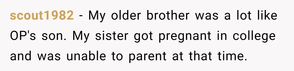 scout1982 − My older brother was a lot like OP's son. My sister got pregnant in college and was unable to parent at that time.