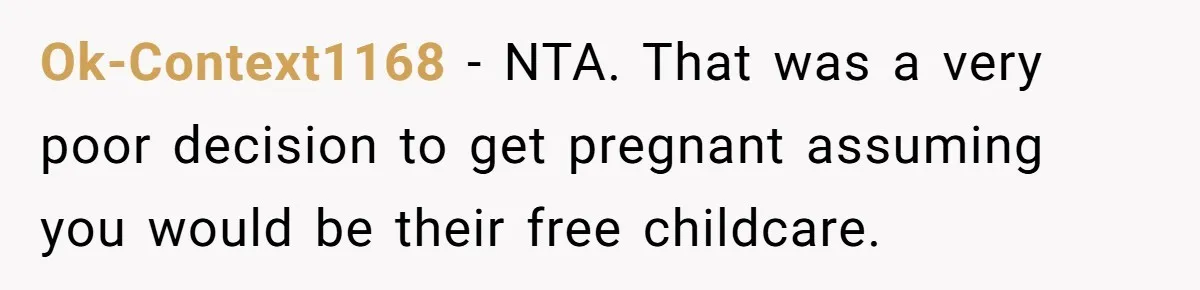 Ok-Context1168 − NTA. That was a very poor decision to get pregnant assuming you would be their free childcare.