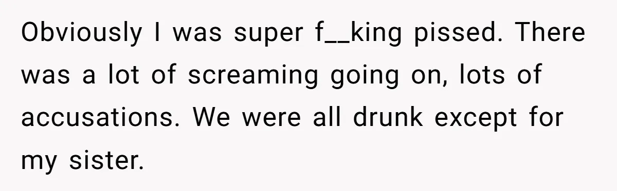 Obviously I was super f__king pissed. There was a lot of screaming going on, lots of accusations. We were all drunk except for my sister.