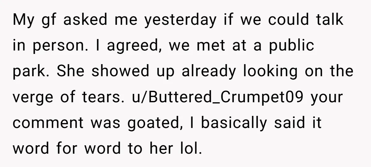My gf asked me yesterday if we could talk in person. I agreed, we met at a public park. She showed up already looking on the verge of tears. u/Buttered_Crumpet09...