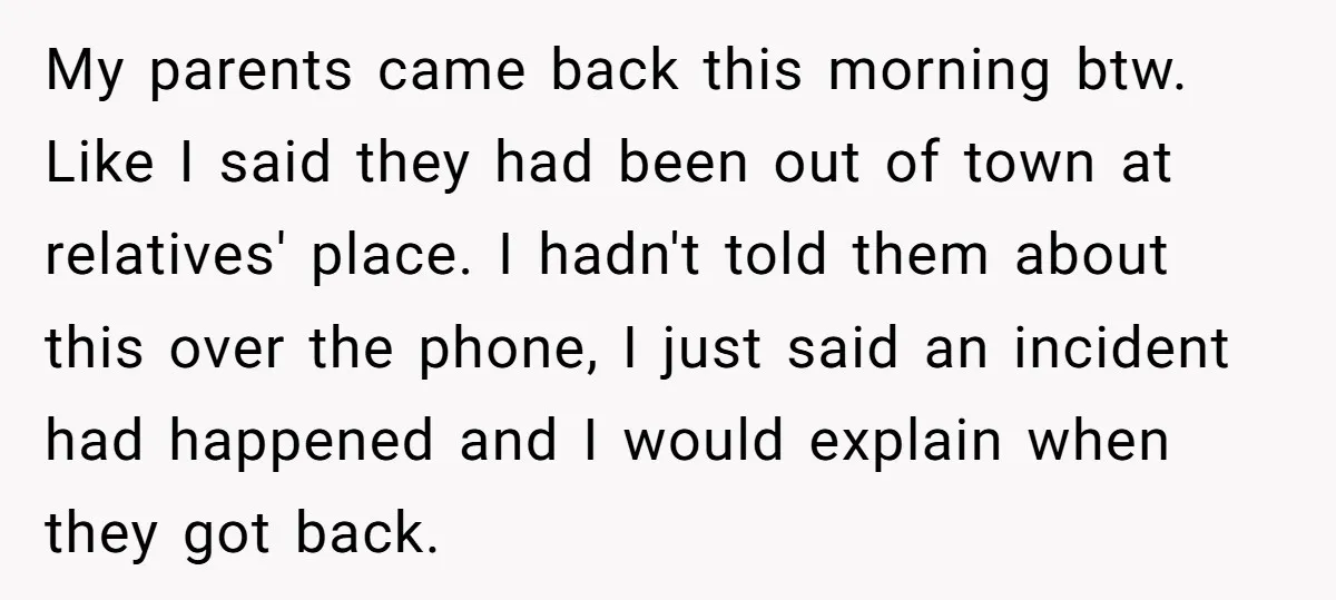 My parents came back this morning btw. Like I said they had been out of town at relatives' place. I hadn't told them about this over the phone, I just...