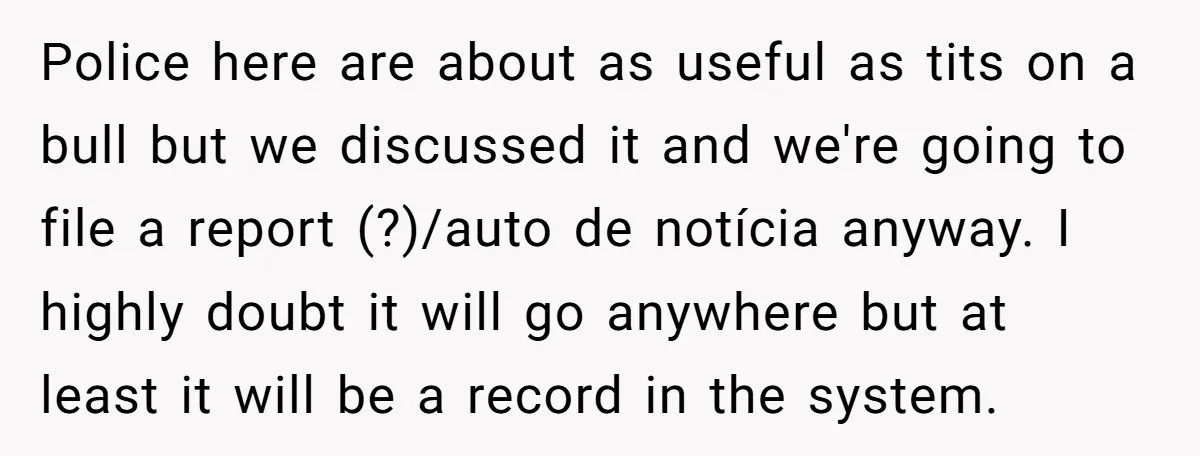 Police here are about as useful as tits on a bull but we discussed it and we're going to file a report (?)/auto de notícia anyway. I highly doubt it...