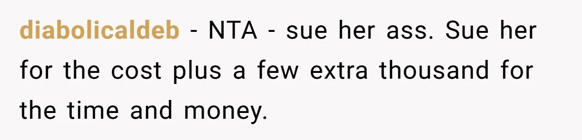 diabolicaldeb − NTA - sue her ass. Sue her for the cost plus a few extra thousand for the time and money.