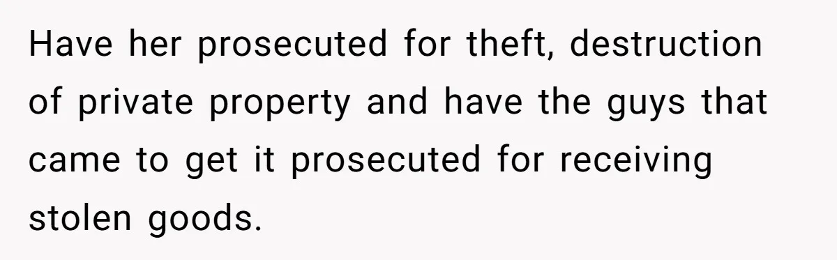 Have her prosecuted for theft, destruction of private property and have the guys that came to get it prosecuted for receiving stolen goods.